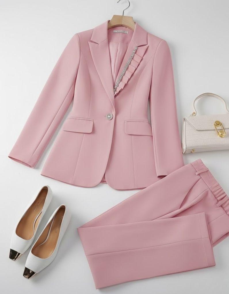 Women's Pastel Pantsuit Set with Pearl Details